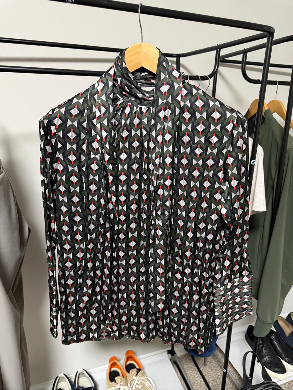 Fendi Women’s Geometric Print Silk Tie Neck Blouse